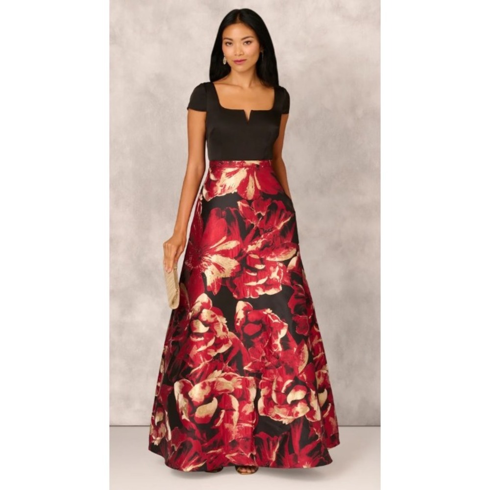 Aidan Mattox Black Red Gold Floral Jacquard Formal Gown Dress Size 2 (B14)